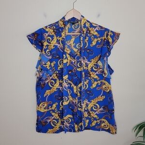 Julian Chang | Ornate Blue & Gold Scroll Print Blouse Tie Neck Flutter Sleeves